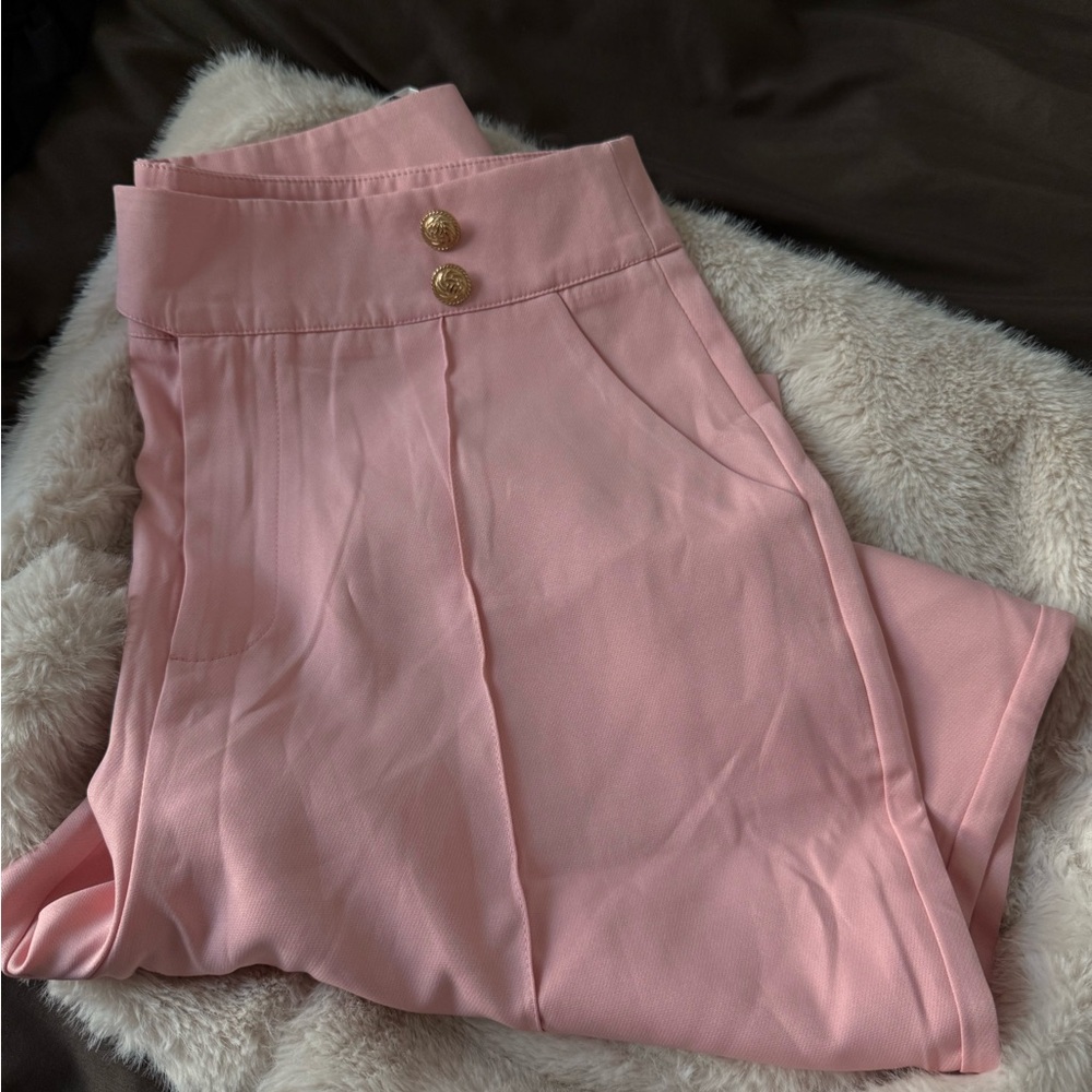 Chic Pink High-Waisted Pants with Gold Buttons